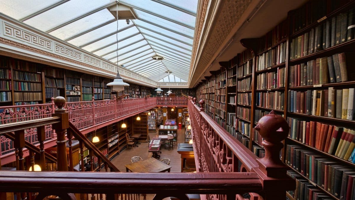 Explore the classic architecture and vast collection of books in this historic library in Leeds, UK.