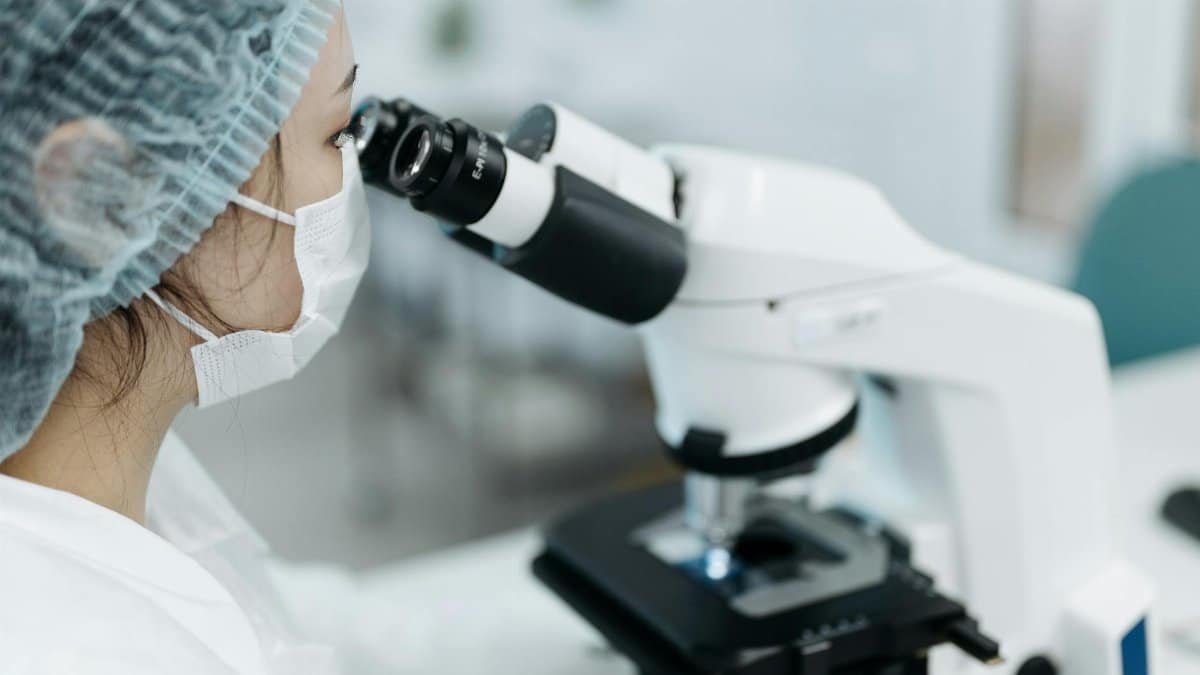 Female scientist examining samples using a modern microscope in a research lab.