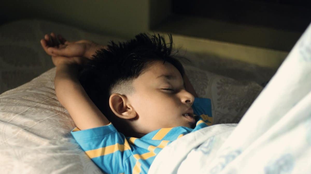 A young boy peacefully sleeping in a cozy bedroom setting, captured indoors.