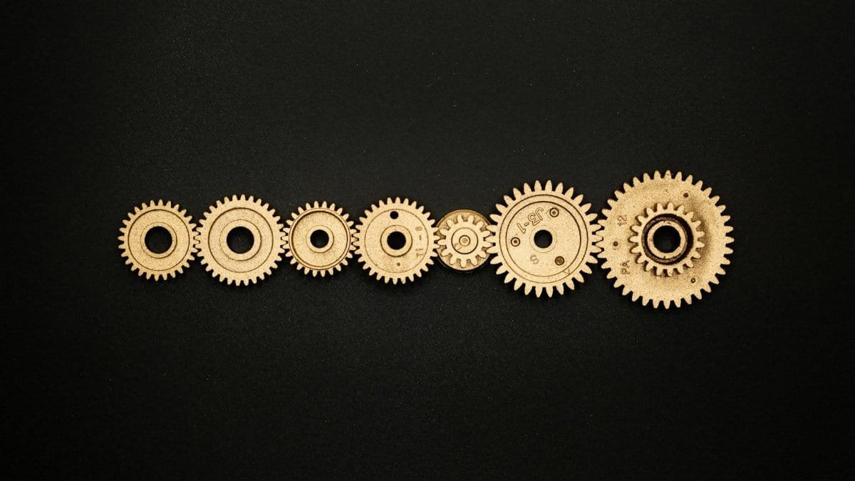 An artistic arrangement of golden gears on a dark backdrop, symbolizing mechanics and cooperation.