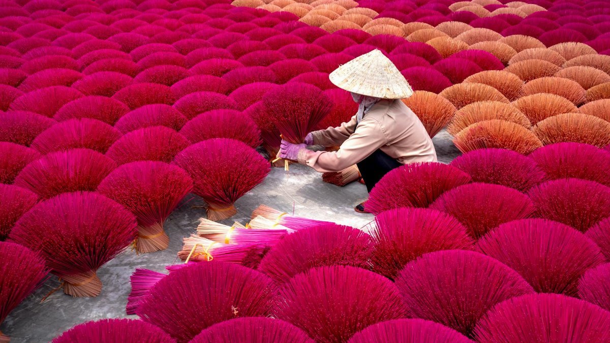 High angle of anonymous woman in traditional incense sticks sitting among rows of bright incense sticks in Vietnam village in daylight