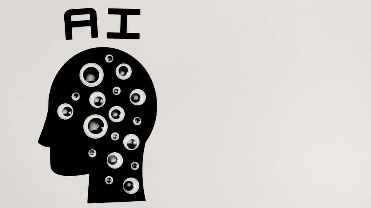 Abstract illustration of AI with silhouette head full of eyes, symbolizing observation and technology.