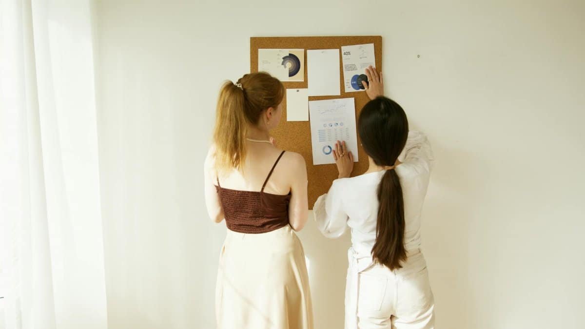 Two women analyzing charts and graphs on a corkboard. Business teamwork concept.