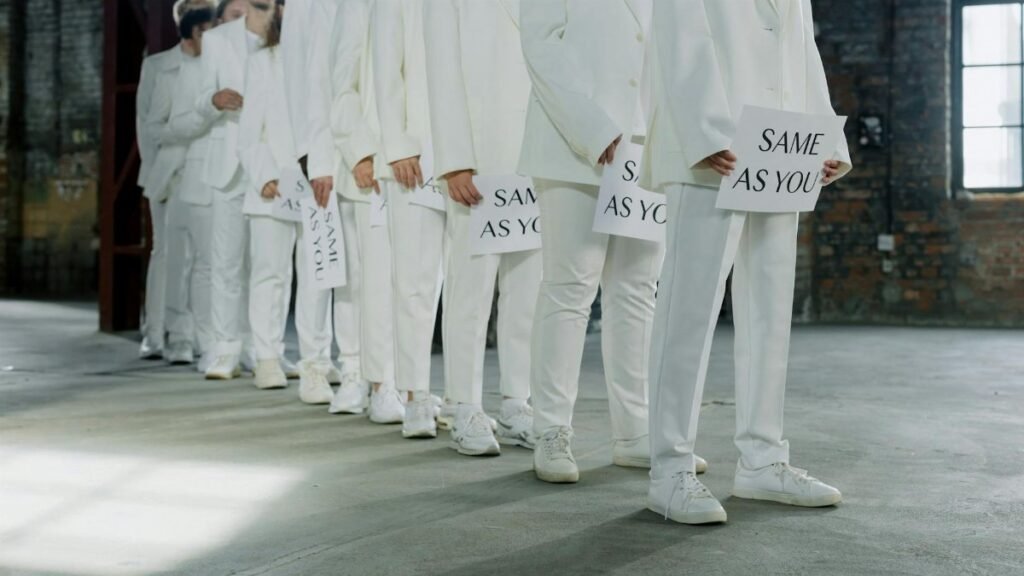 A group of individuals in white suits holding 'Same as You' signs, symbolizing unity and conformity.