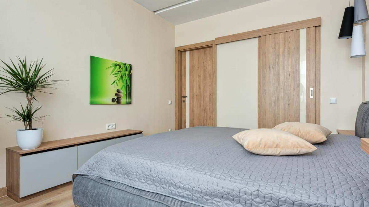 Contemporary bedroom featuring wooden sliding doors, potted plant and cozy bedding.