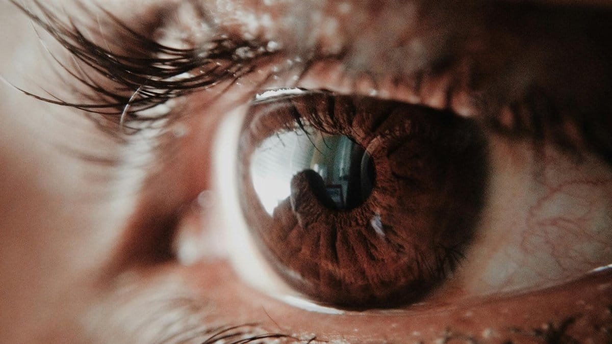 Detailed macro shot of a human eye capturing intricate details of the iris and reflections.