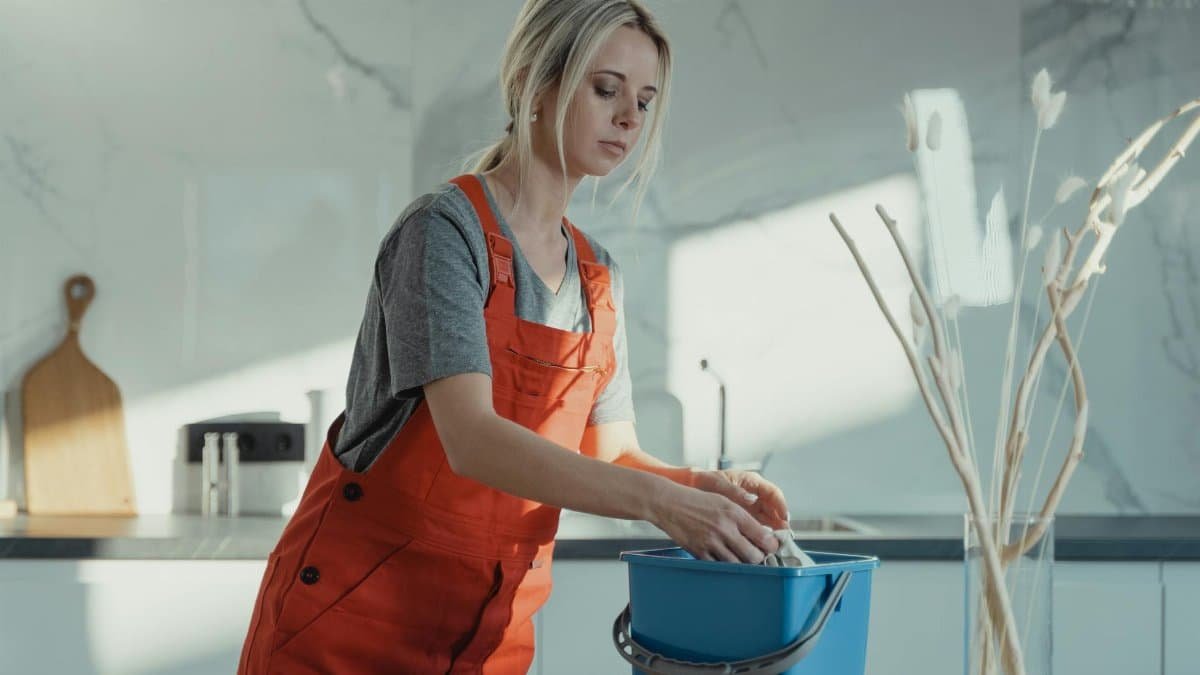 A woman in a gray shirt and red overalls cleans a kitchen counter using a blue bucket and white rag. Modern setting.