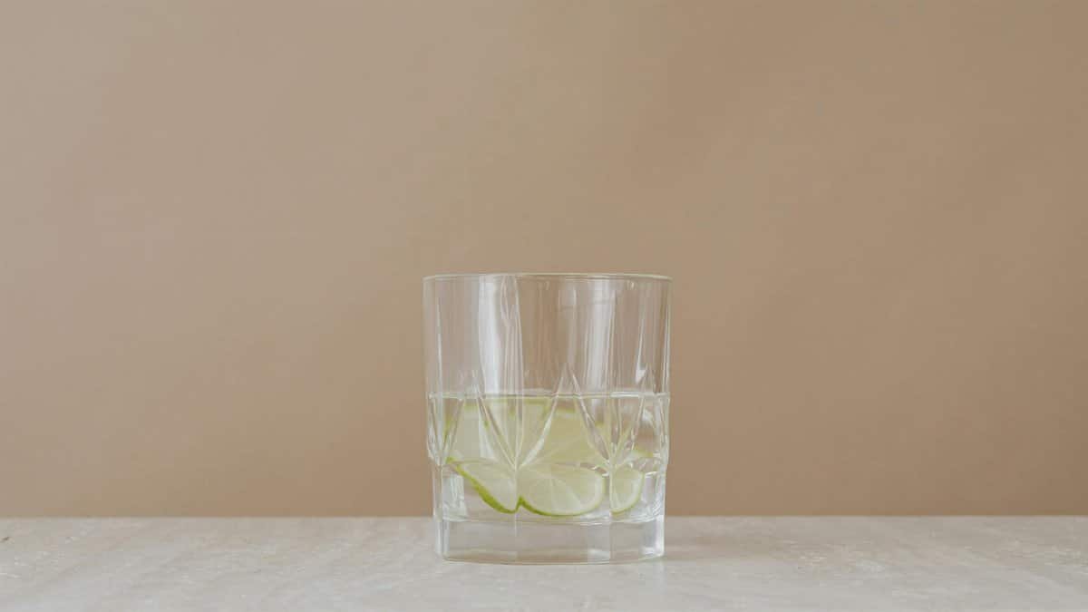 Minimalist image of lime-infused water in a clear glass on beige background.