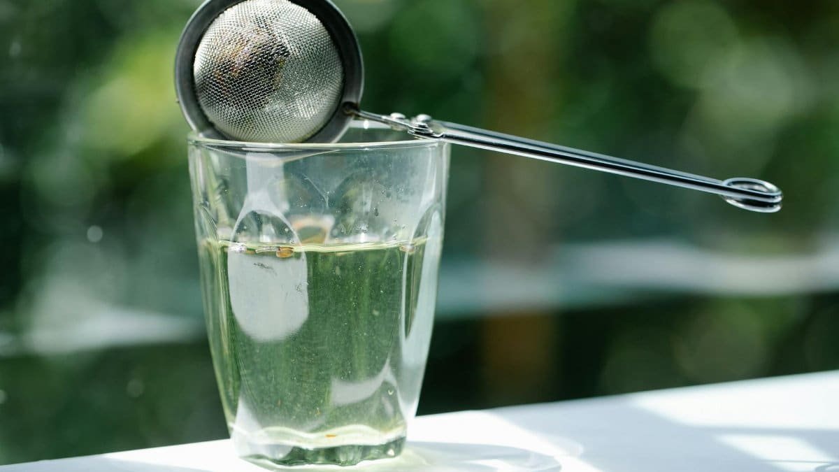 Close-up of glass with tea infuser in sunlight, highlighting serenity and refreshment.