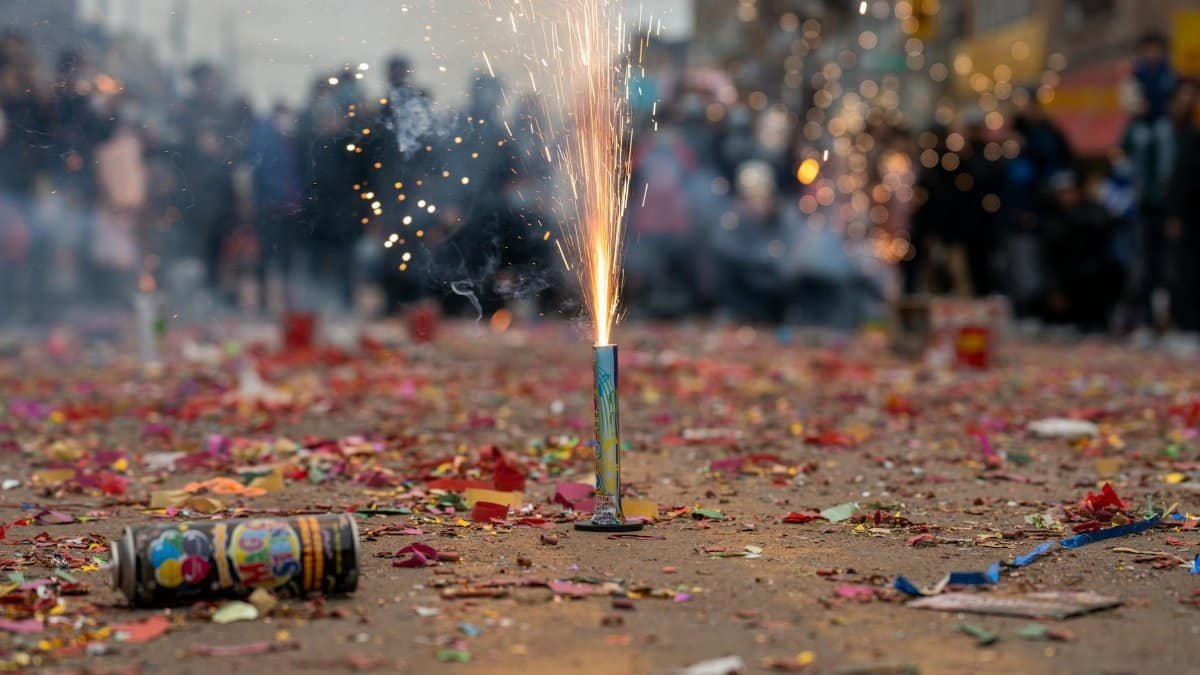 Colorful celebration featuring fireworks and confetti on a lively street.