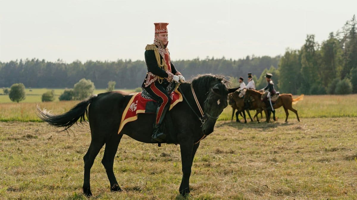 A cavalry soldier in vintage uniform on horseback during a napoleonic reenactment in a grassy field.