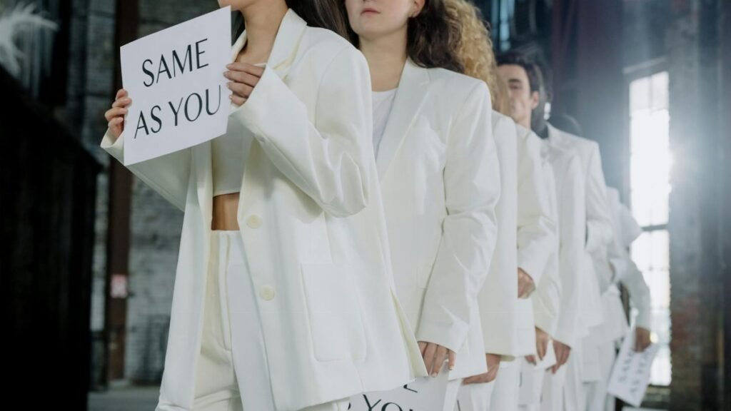 People in white outfits holding 'Same As You' signs, promoting diversity and equality.