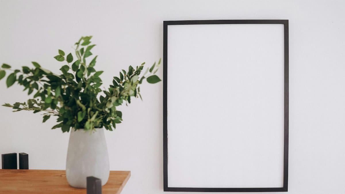 An empty black frame beside a green plant in a concrete vase on a wooden shelf.