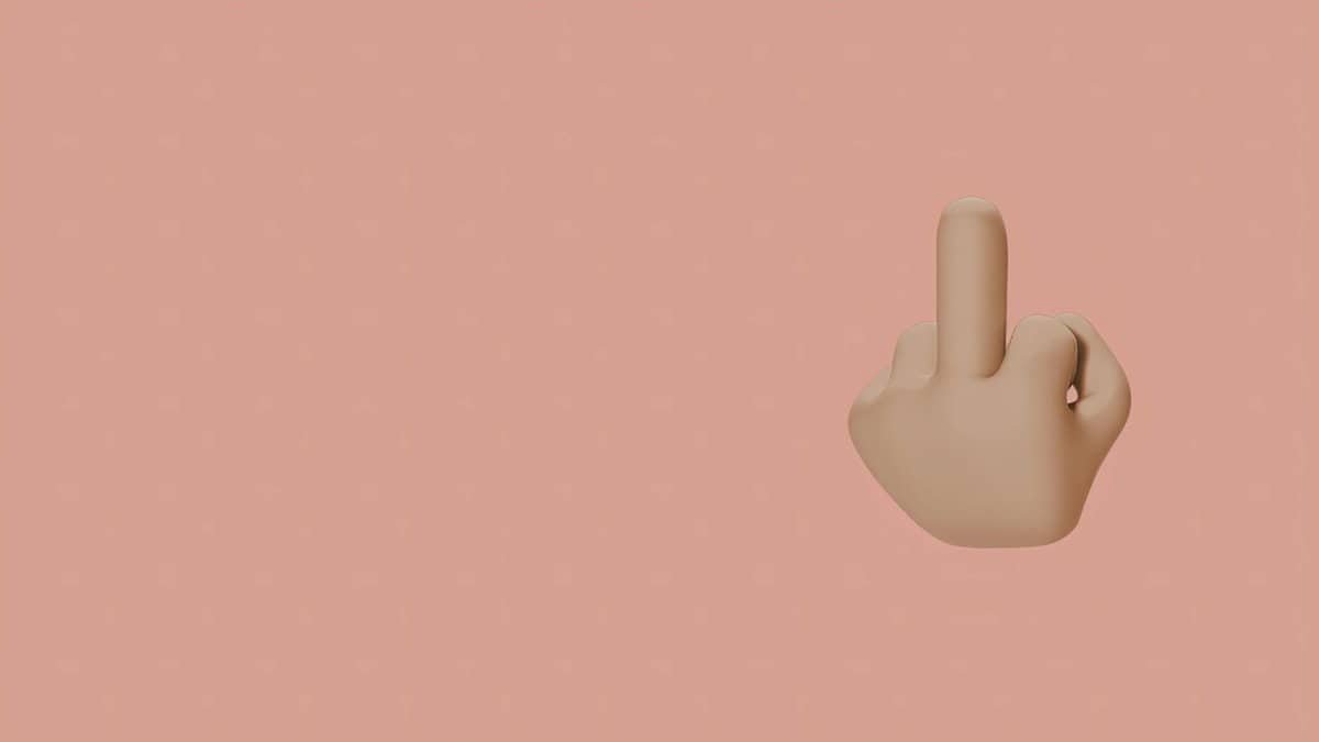 3D illustration of a hand making a rude gesture on a beige background.