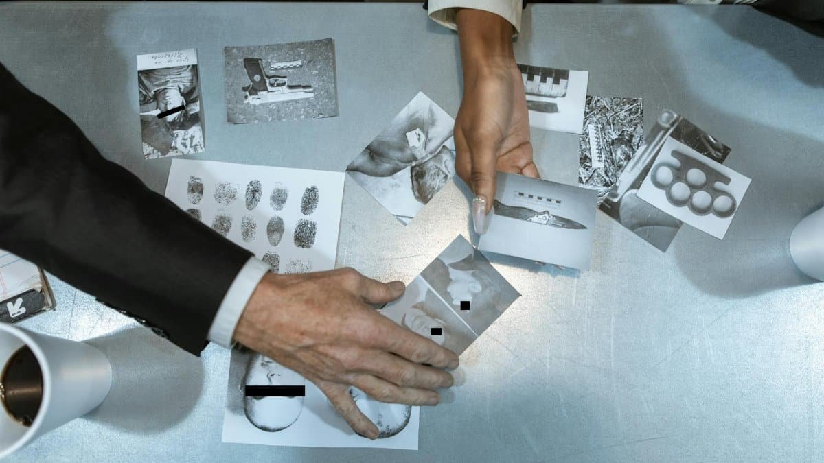 Hands exchanging evidence during a collaborative crime investigation meeting indoors.