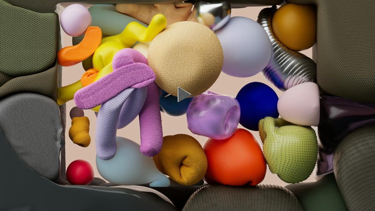 Vibrant 3D rendering of colorful geometric shapes arranged in an abstract layout.