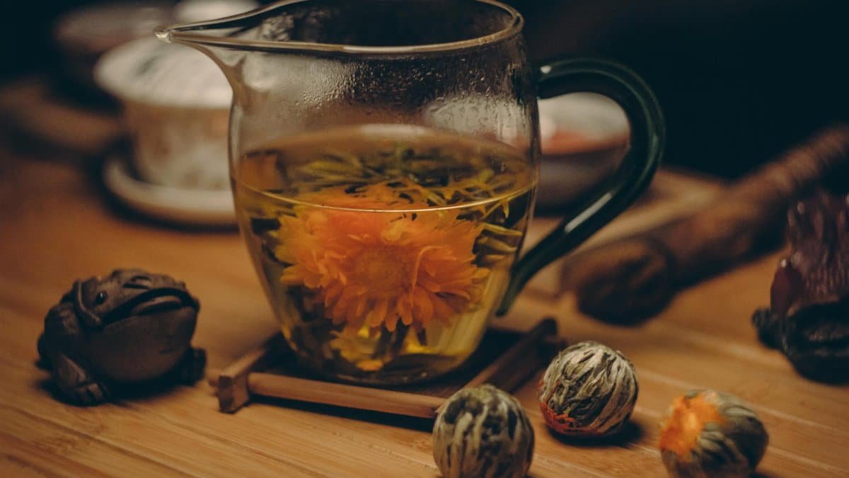 A glass cup of chrysanthemum tea with blooming flower steeped in warm water on a wooden table.