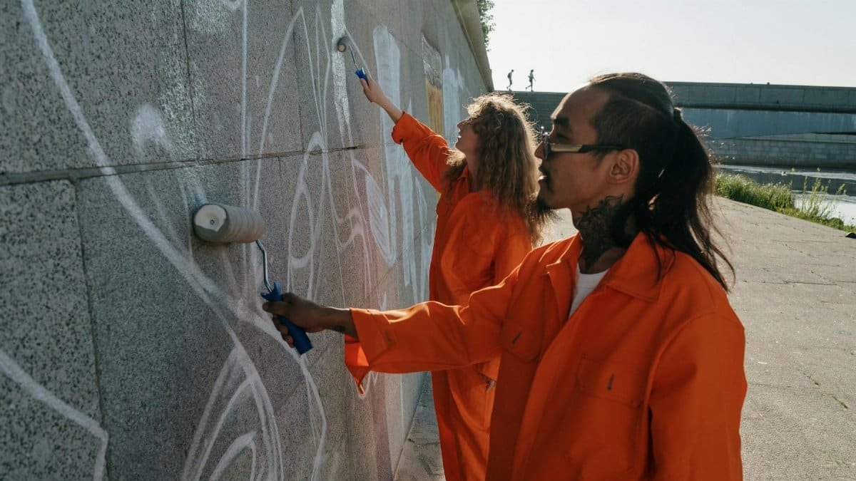 People in orange uniforms painting over graffiti on a concrete wall outdoors.