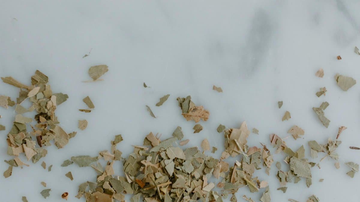 Dried herbal leaves scattered on a white marble background, top view.