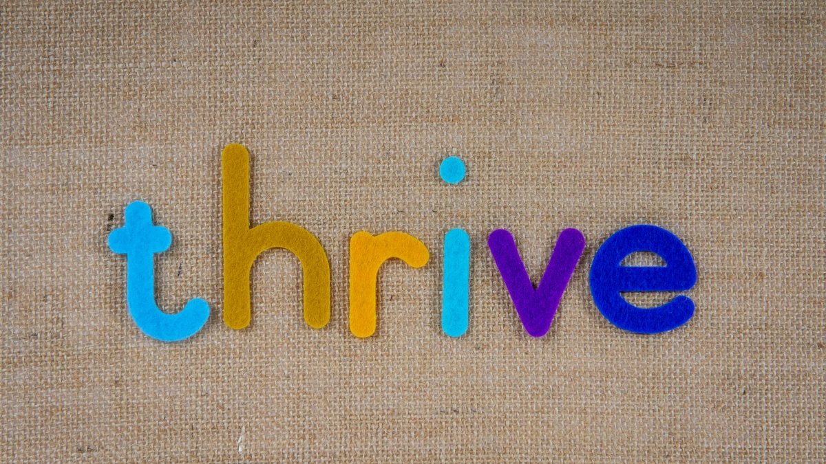 Bright felt letters spelling 'thrive' on a beige fabric background offer inspiration.