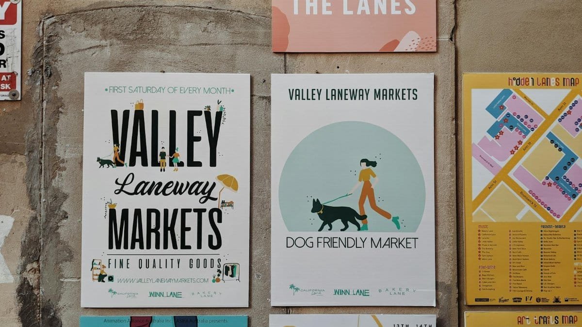 Promotional posters for Valley Laneway Markets in Brisbane showcasing event details and vibrant illustrations.