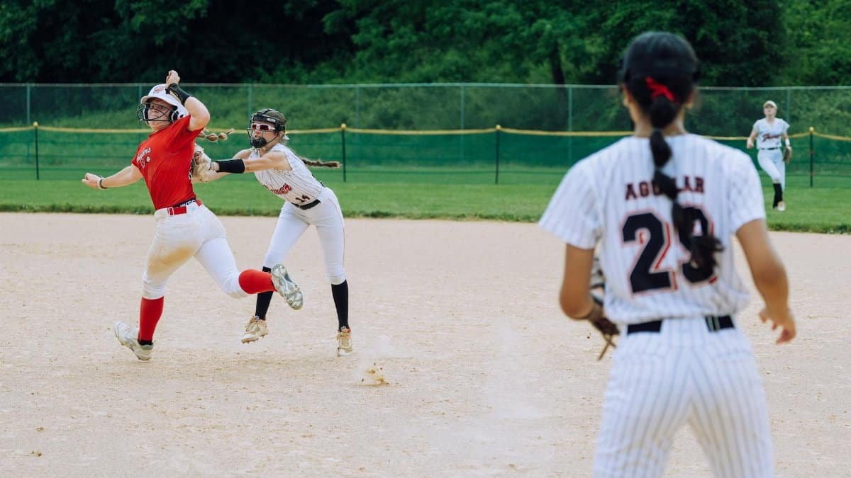 Action-packed softball game scene with players in competition at Columbia, MD.