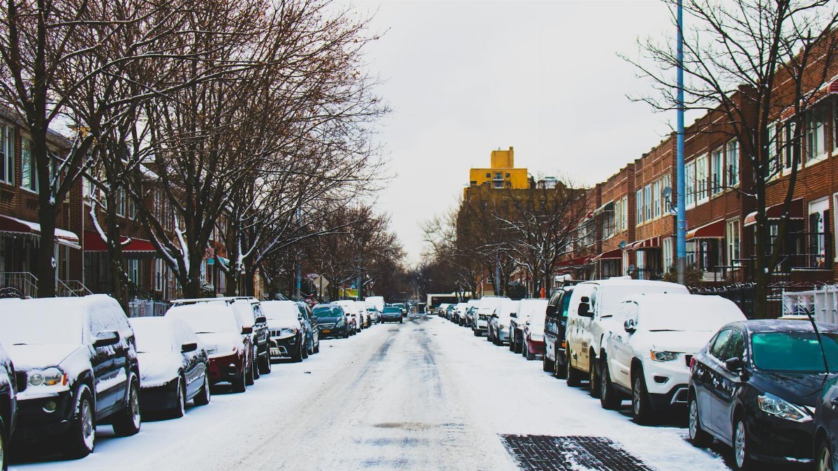 A winter urban scene showing parked cars covered in snow on a residential street lined with bare trees and buildings.
