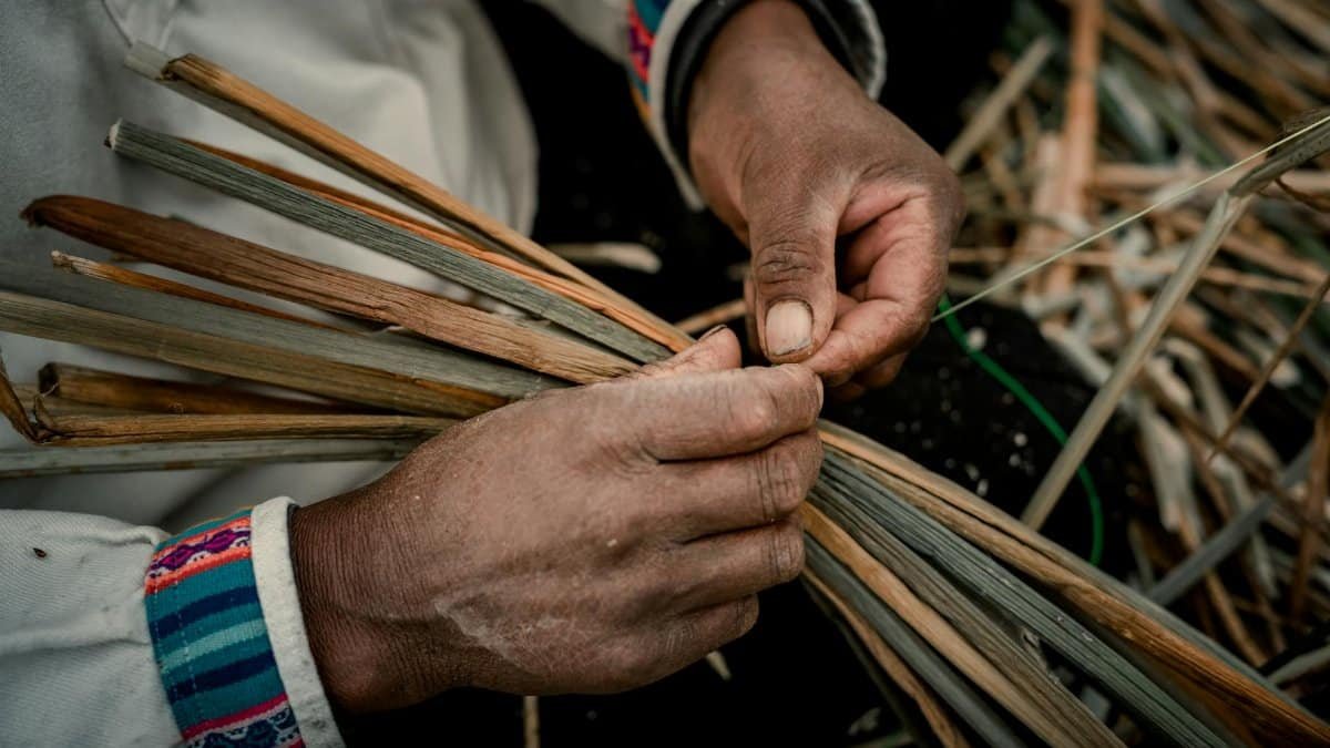 Close-up of hands weaving natural fibers in Puno, Peru, showcasing traditional craftsmanship.