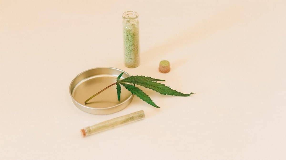 A cannabis leaf with herbal extracts in a glass vial, representing natural healthcare remedies.