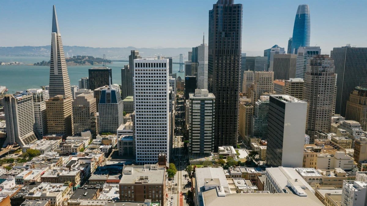 Stunning aerial view of San Francisco's iconic skyline with prominent skyscrapers on a clear day.