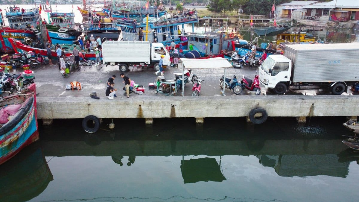 A vibrant scene at a Vietnamese harbor with boats, trucks, and people engaged in daily activities.