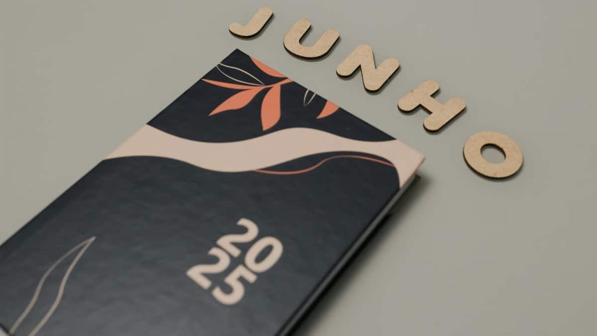 Stylish 2025 planner with abstract leaf patterns and 'JUNHO' letters on a minimalist background.