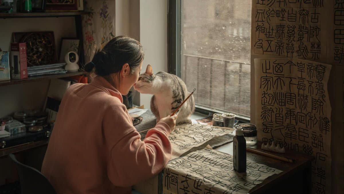 Woman practicing calligraphy with her cat in a warm New York apartment.