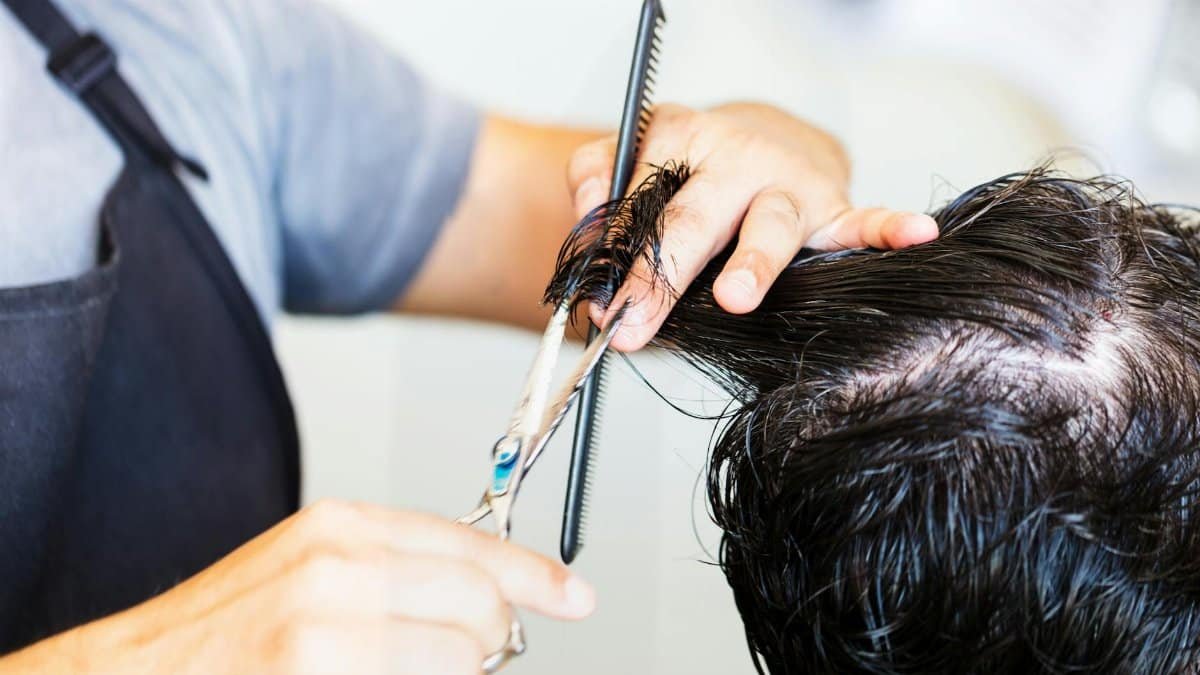 Close-up of hairstylist cutting hair with scissors and comb, showcasing precise technique.