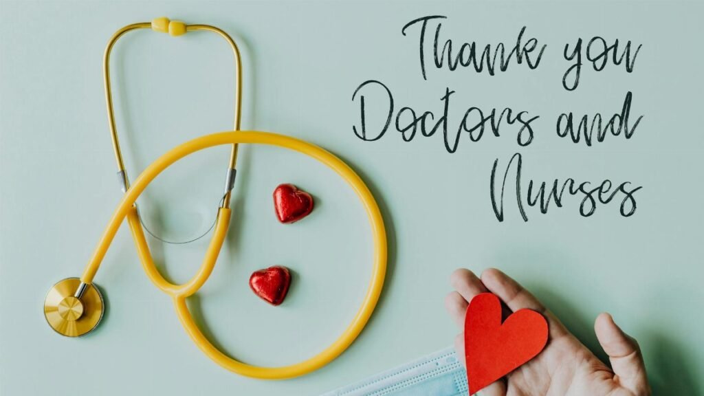 Yellow stethoscope composed with red hearts on white background with thank you doctors and nurses text and medical mask