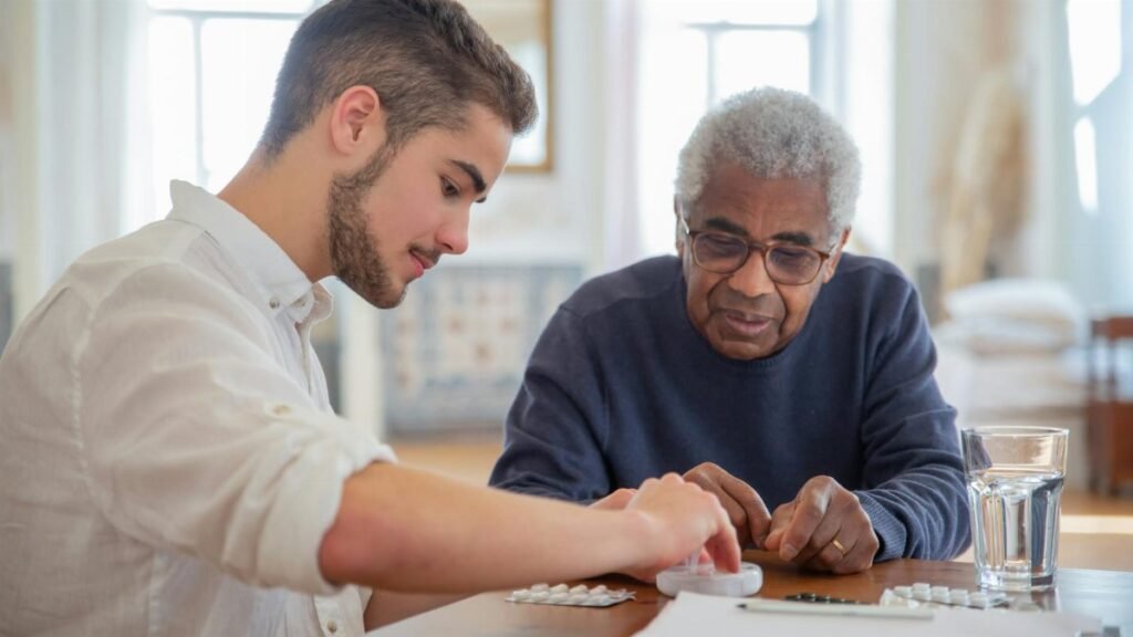A young volunteer helps an elderly man manage his medication at a nursing home.