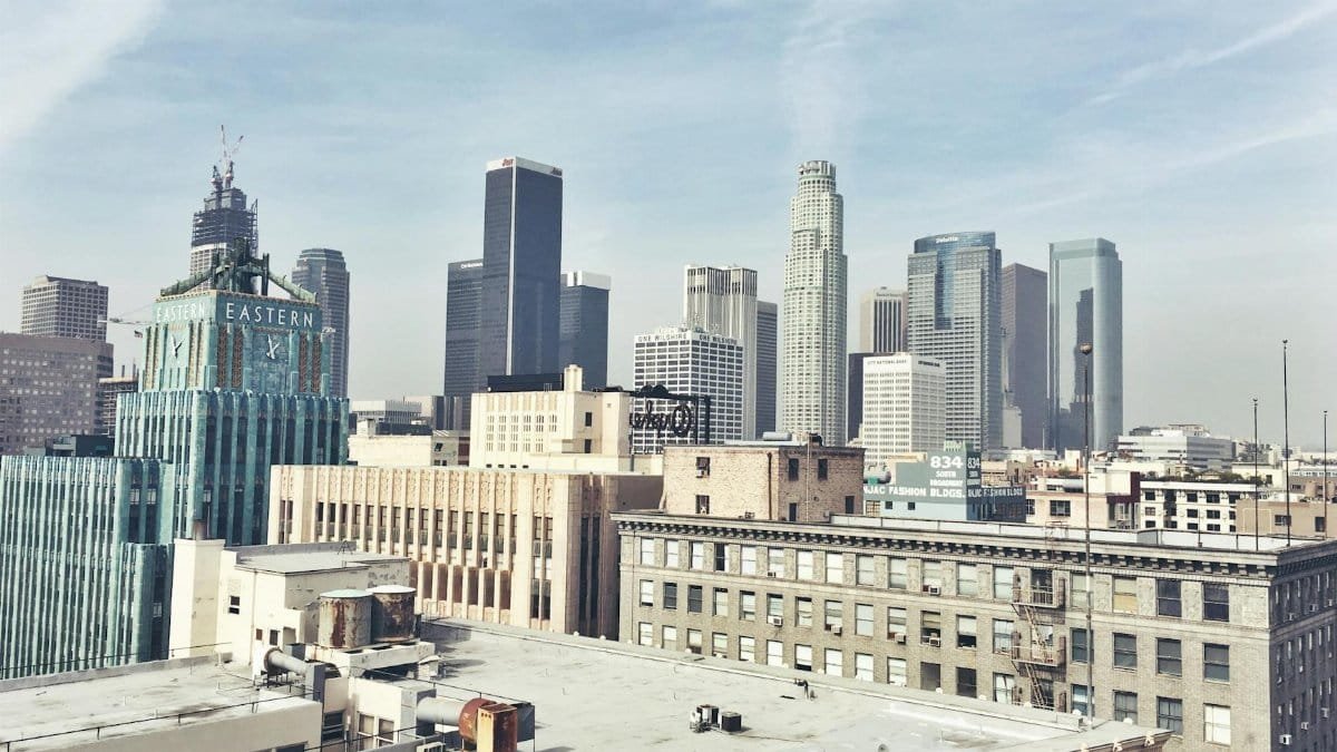 A breathtaking view of Los Angeles skyscrapers under a clear sky.