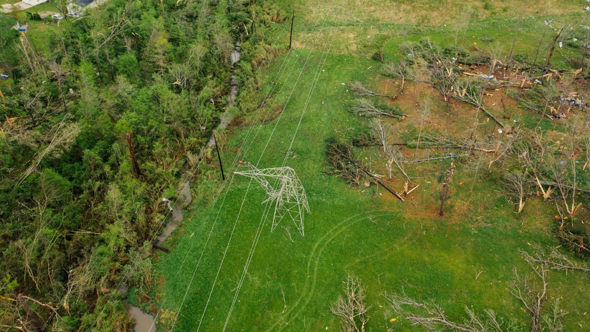 Aerial view of tornado impact on trees and powerlines in Chattanooga, Tennessee.