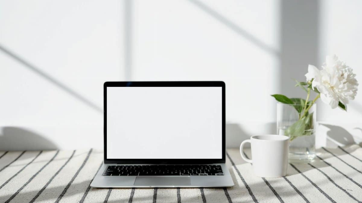 Minimalist work setup featuring a blank laptop, mug, and flowers on a striped surface.