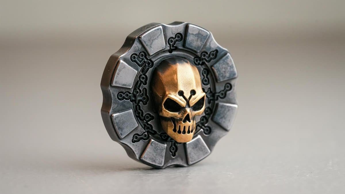 Close-up of a skull-themed metal gear medallion with intricate design details.