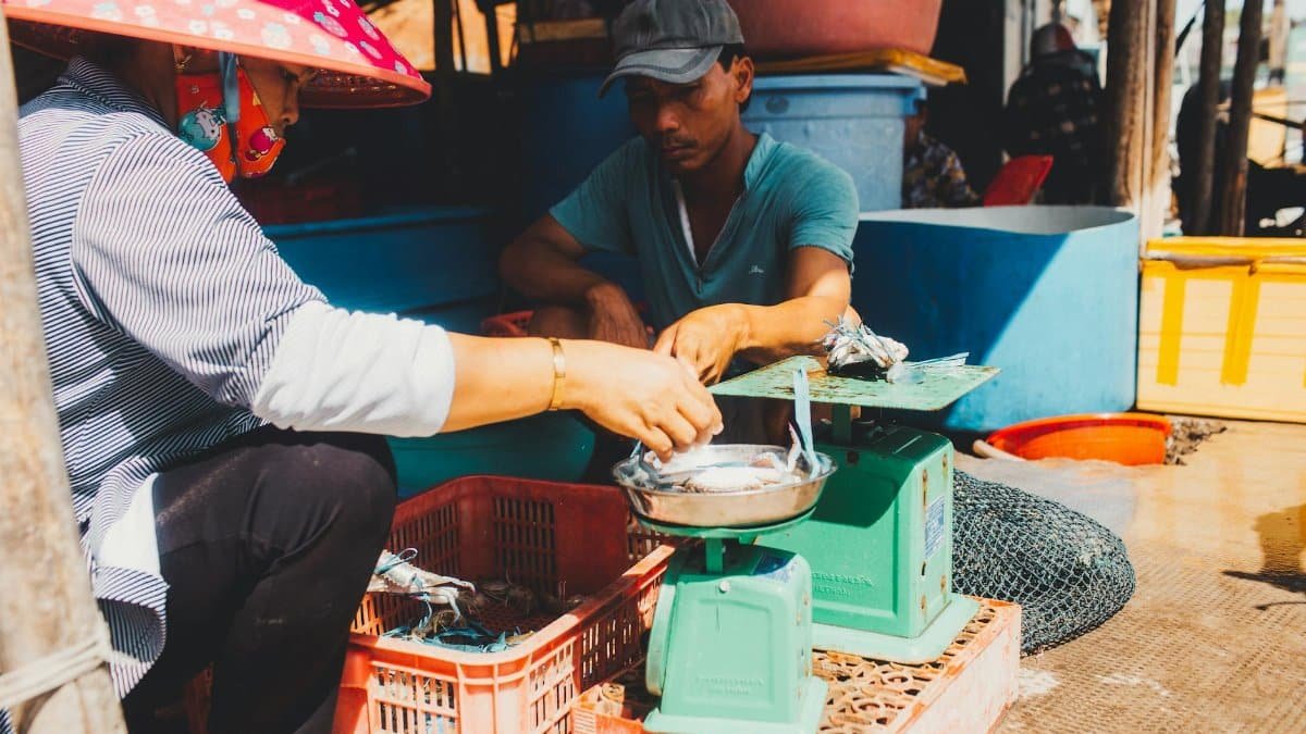 Two merchants weigh fresh fish at a bustling outdoor market, offering authentic local trade vibe.
