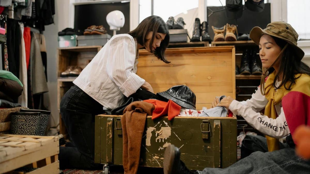 Two women sorting through vintage clothing in a thrift shop, surrounded by shoes and hats.