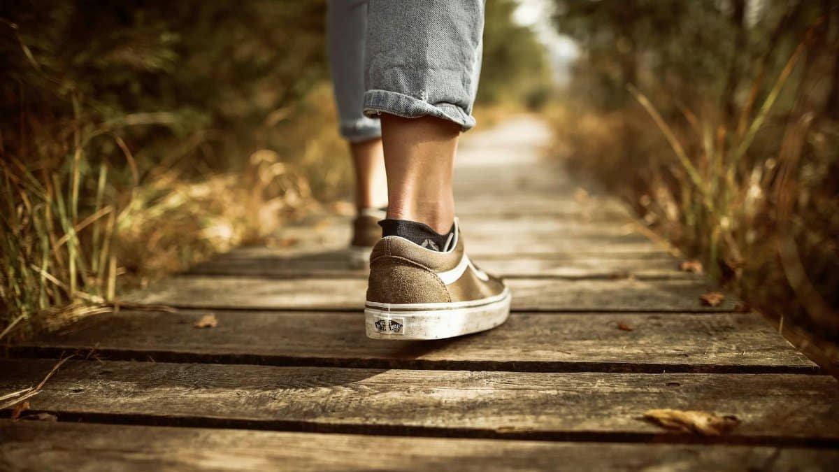 Person wearing sneakers walking on a wooden path in a sunlit park.