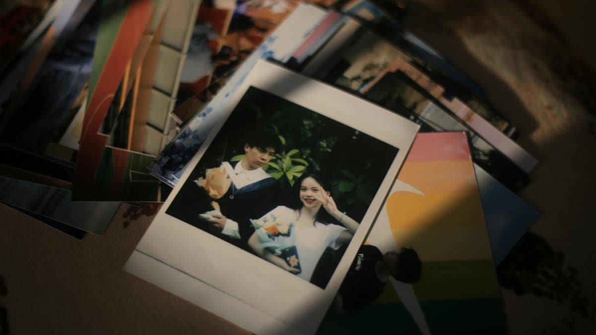 A pile of scattered Polaroid pictures with sunlight casting shadows.