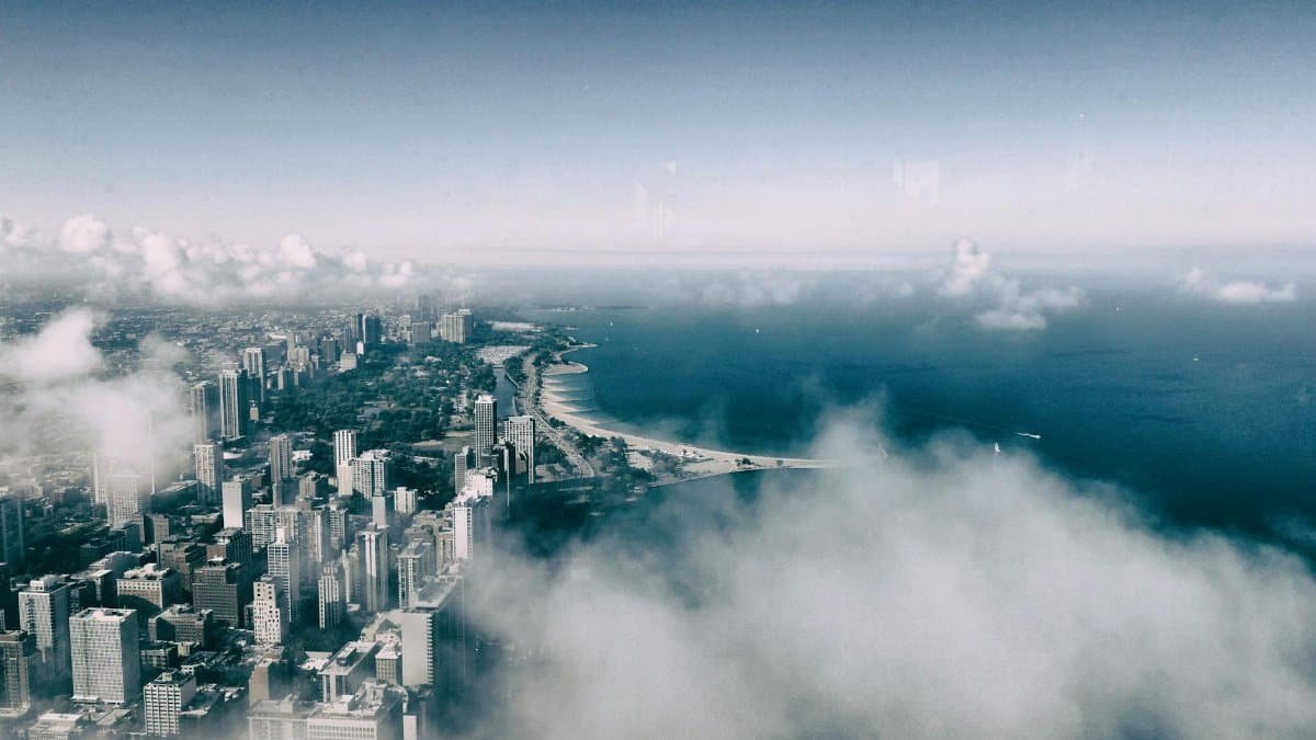 Stunning aerial view of Chicago's skyline with Lake Michigan in the background, captured on a clear day.