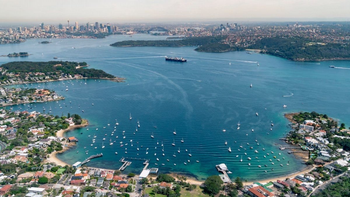 Stunning aerial view of Sydney Harbour, cityscape, and coastal area.