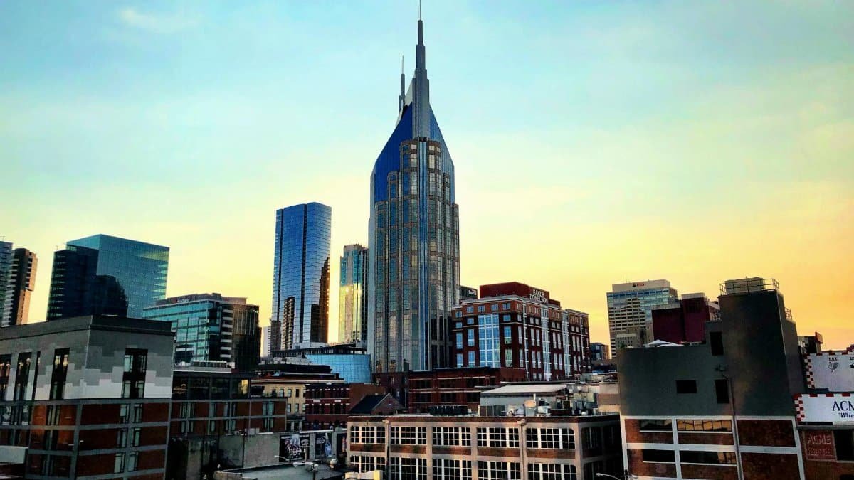 Captivating view of Nashville's skyline featuring the iconic AT&T Building during sunset.