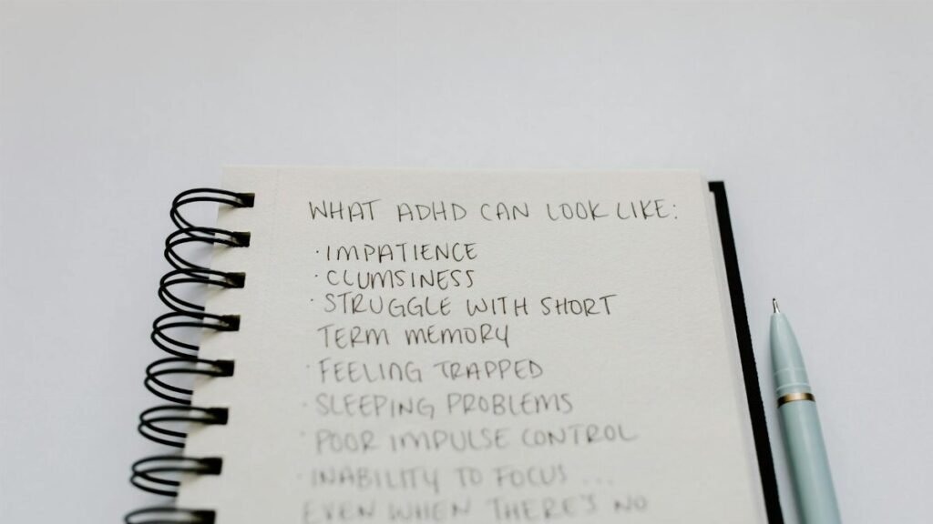 A notebook with handwritten ADHD symptoms like impatience and focus issues.
