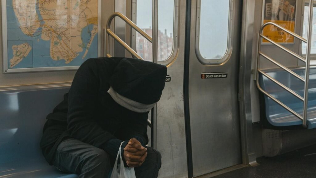 A lone passenger sitting in a New York City subway train, evokes feelings of solitude and reflection.