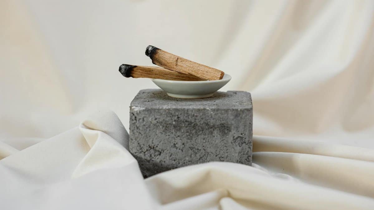 Close-up image of palo santo sticks on a stone block, ideal for calming and minimalistic themes.